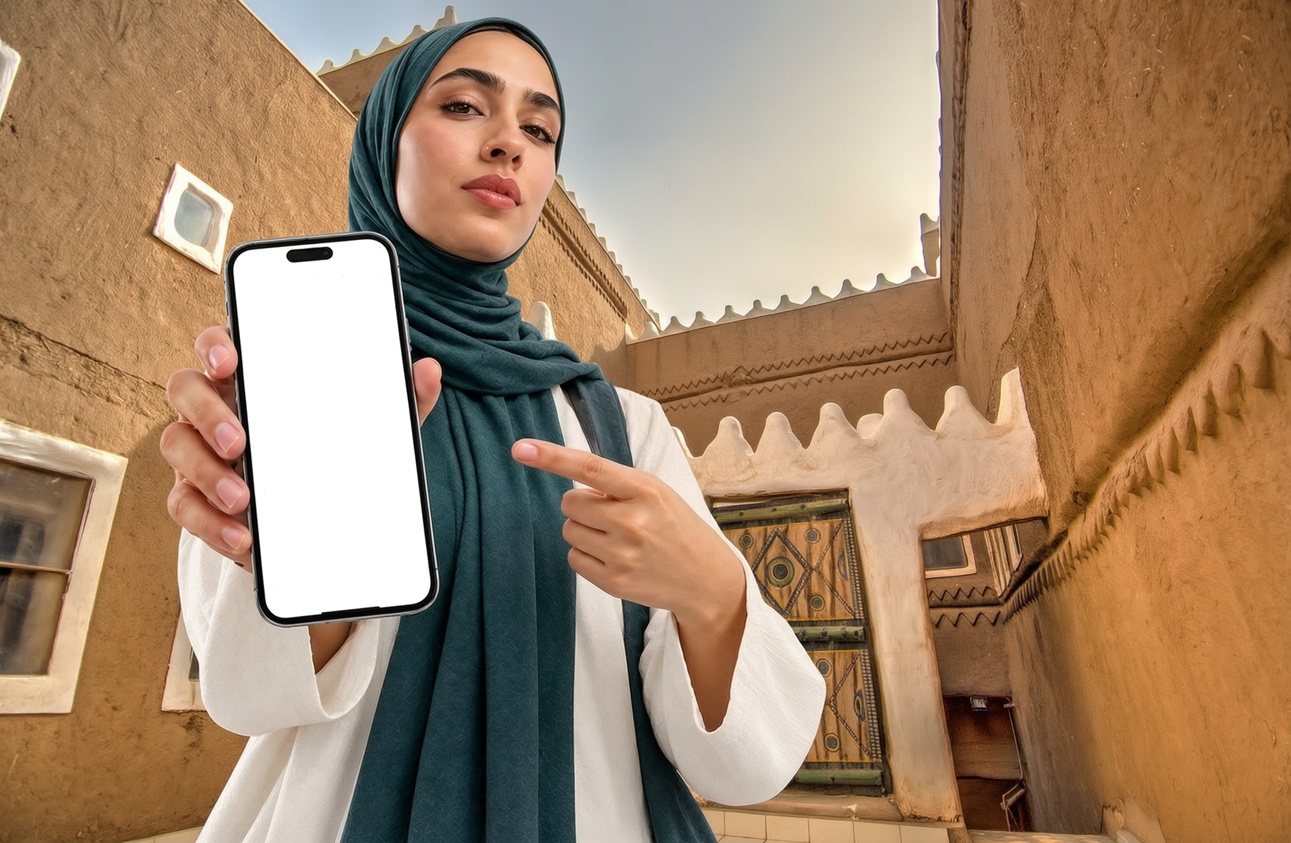 Woman in a teal hijab holding her phone