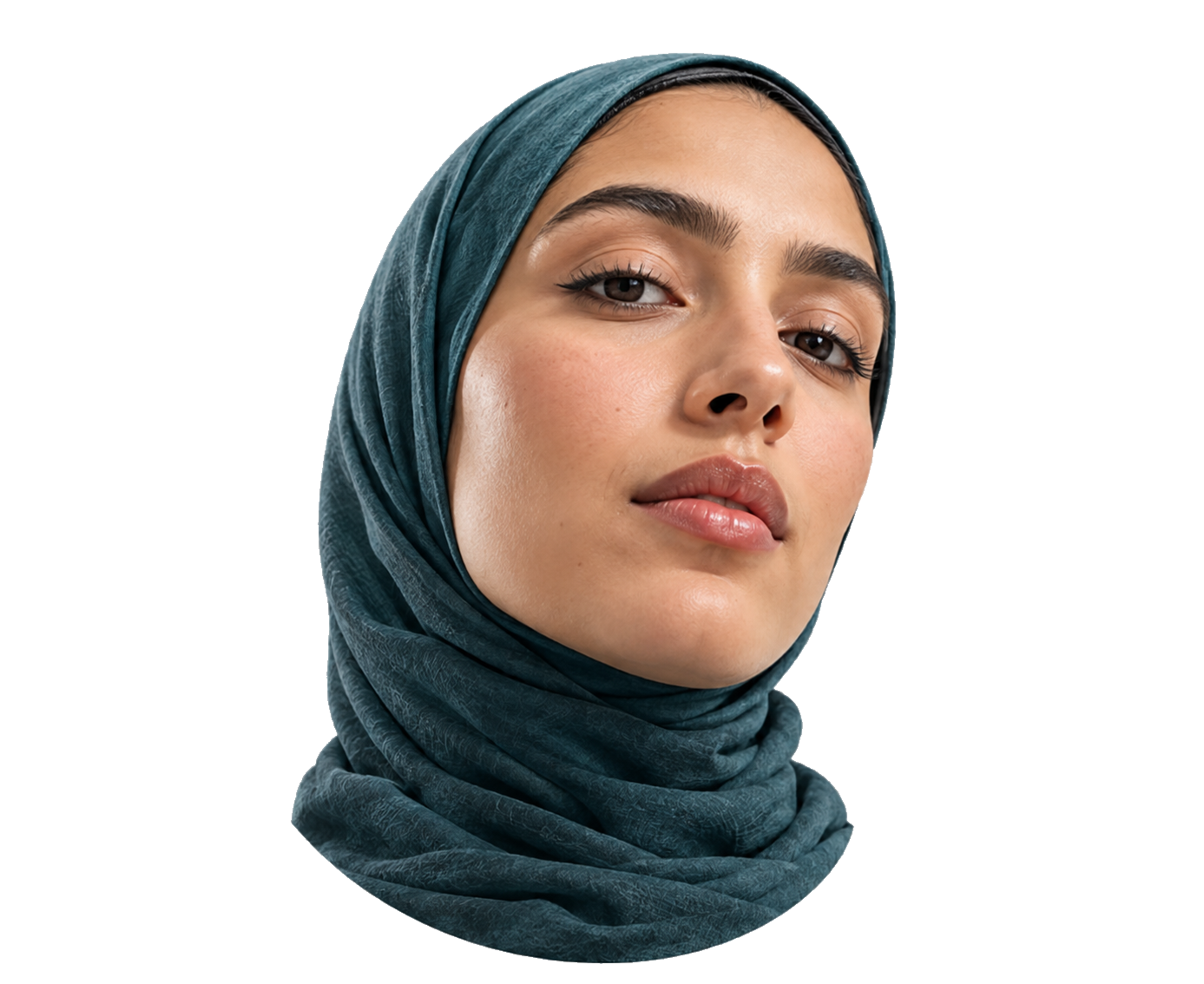Woman in a teal hijab, ready for a skin check